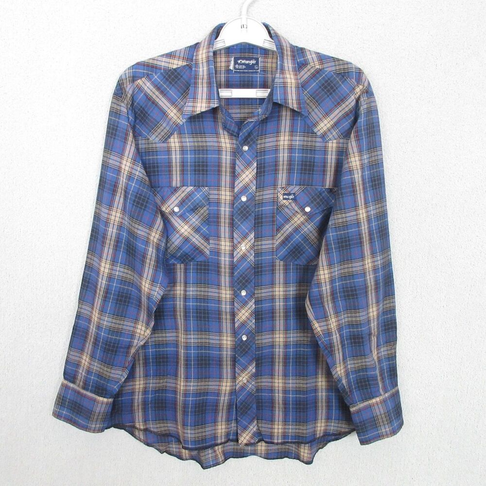 Wrangler Shirt Mens L Blue Plaid Long Sleeve Western Pearl Snap Cowboy‎ USA Made
